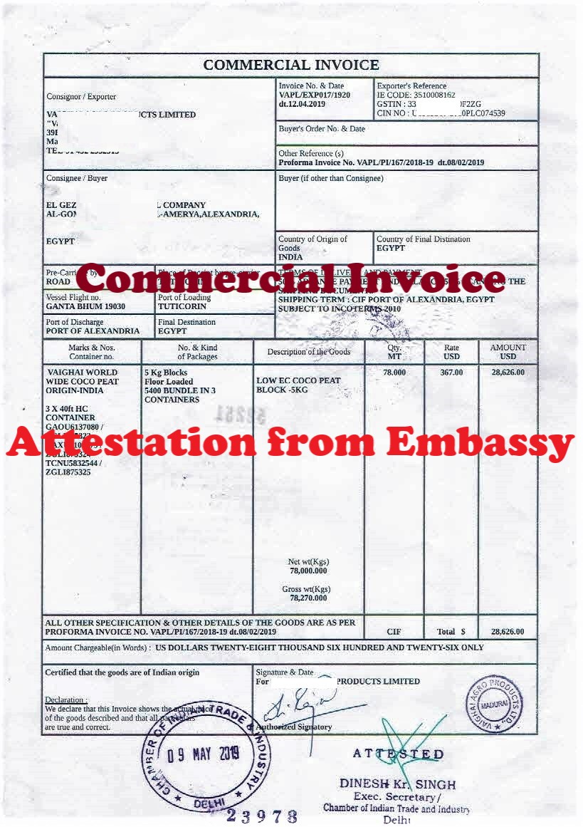 Commercial Invoice Attestation from Embassy