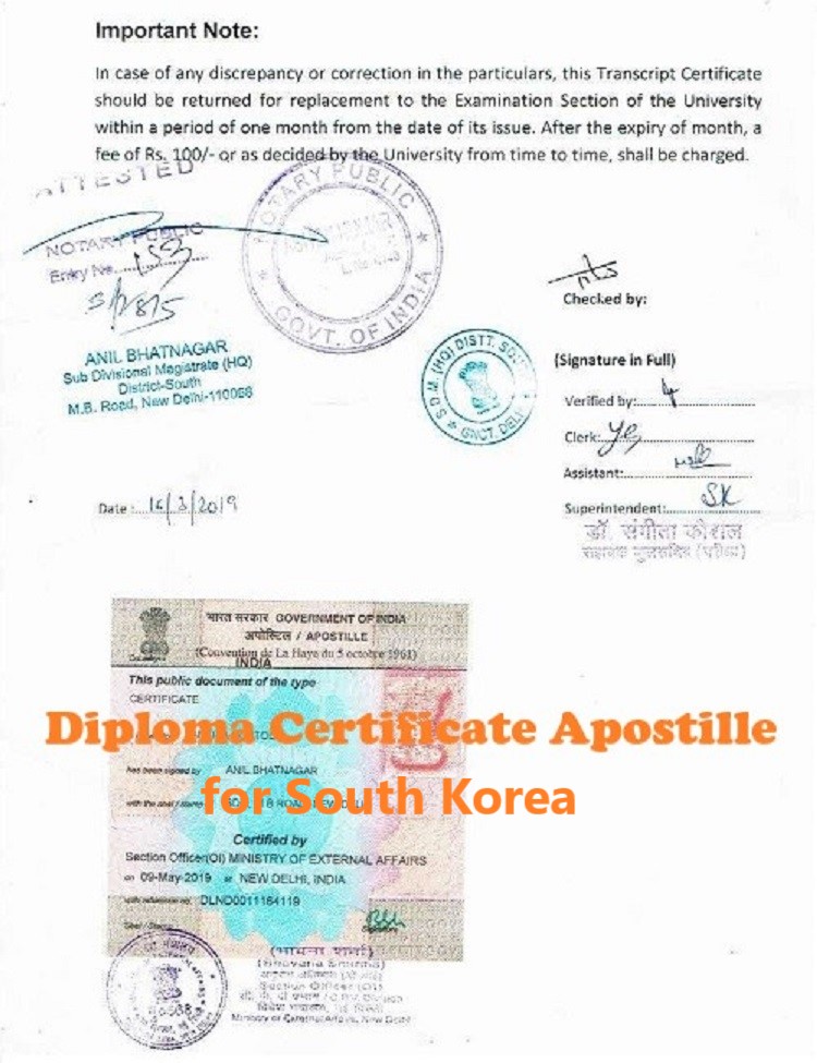 Diploma Certificate Apostille for South Korea India