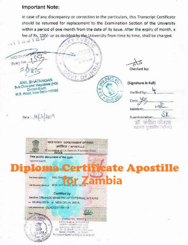 Diploma Certificate Apostille for Zambia India