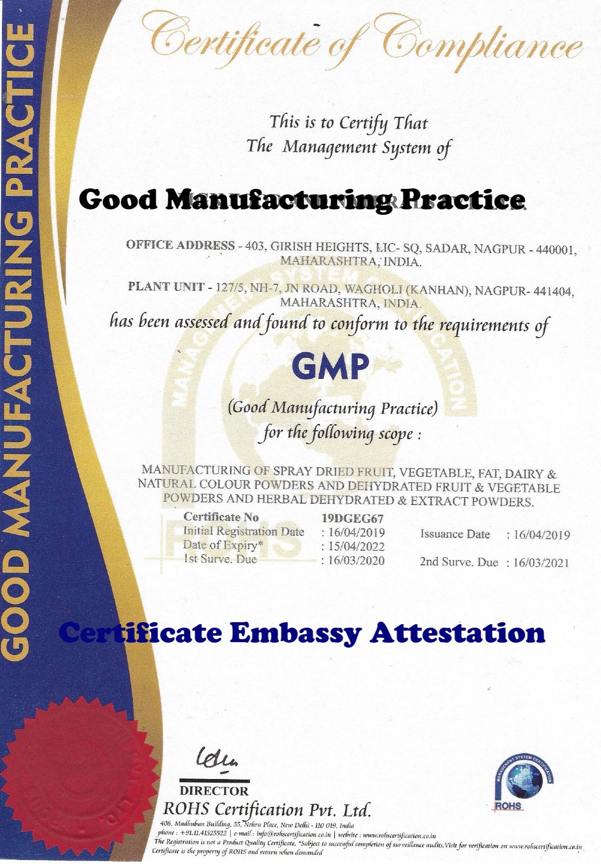 GMP Certificate Attestation from Suriname Embassy