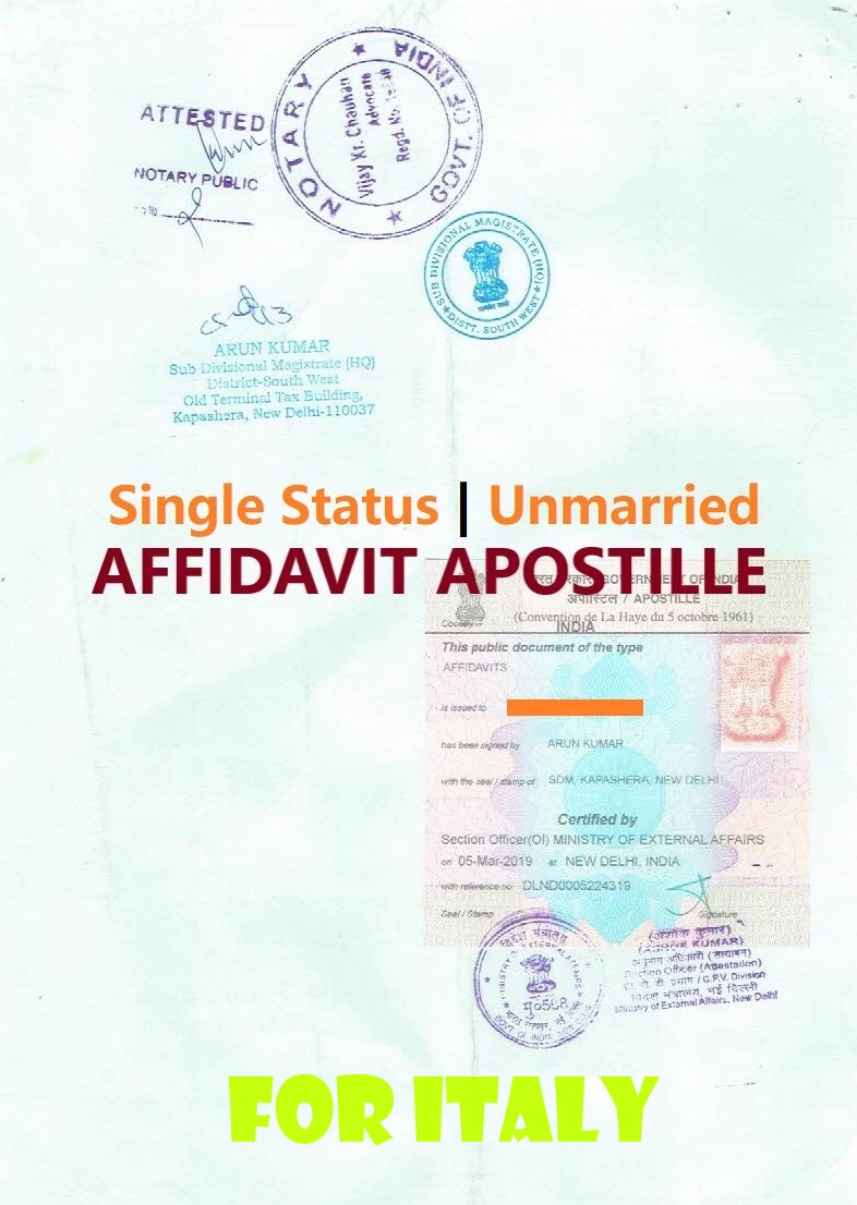 Unmarried Affidavit Certificate Apostille for Italy in India
