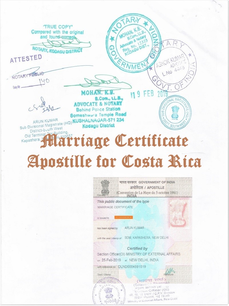 Marriage Certificate Apostille for Costa Rica in India